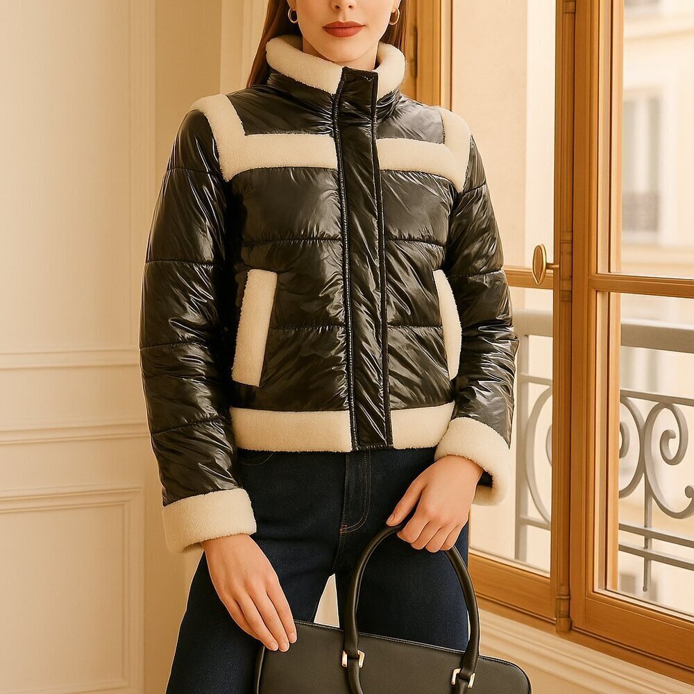 J. Society Sherpa Trim Bomber Jacket NWT Quilted Puffer  Black Cream